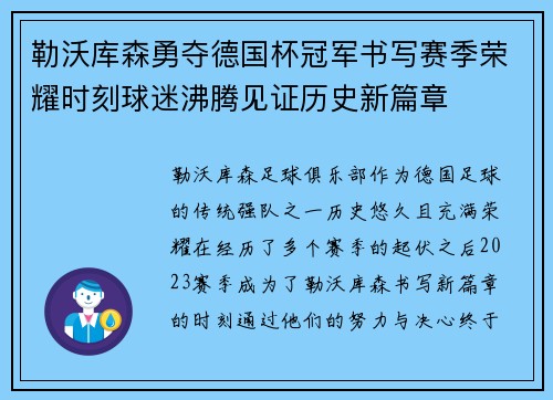 勒沃库森勇夺德国杯冠军书写赛季荣耀时刻球迷沸腾见证历史新篇章