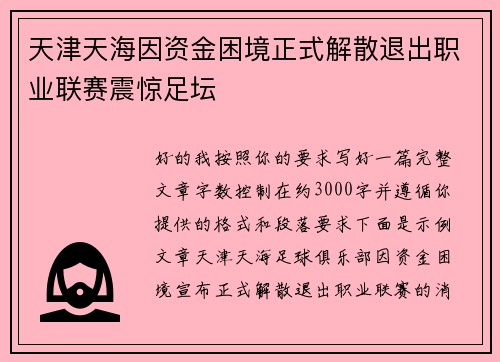 天津天海因资金困境正式解散退出职业联赛震惊足坛